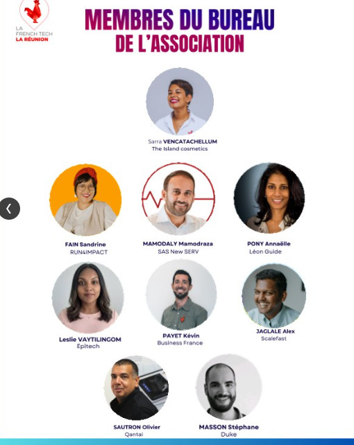Publication présentant les membres du bureau de la French Tech Réunion, dont Leslie Vaytilingom