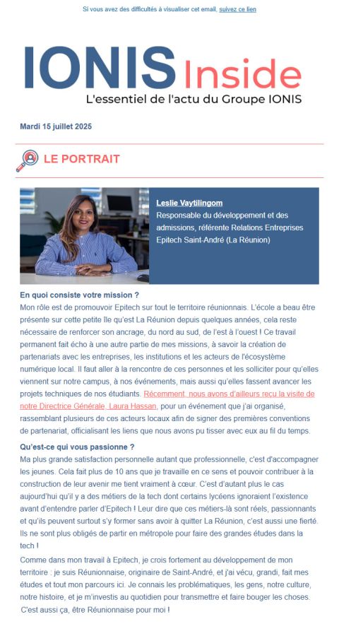 Portrait de Leslie Vaytilingom dans IONIS Inside du 15 juillet 2025
