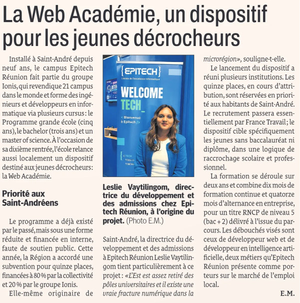 Article La Web Académie, un dispositif pour les jeunes décrocheurs, avec un portrait de Leslie
